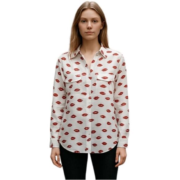 Joie Lips Top Button Up Top V-Neck Roll Tab Long Sleeve Pockets White Red Large - Picture 1 of 12